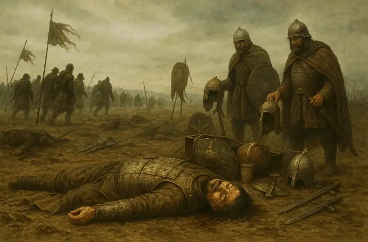 Dengizik’in savaş alanında ölü halde yattığı, Bizans askerlerinin çevredeki zırh ve eşyaları topladığı hüzünlü sahne.